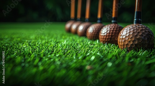 Golf clubs arranged in a neat row on a driving range, green grass and clear skies