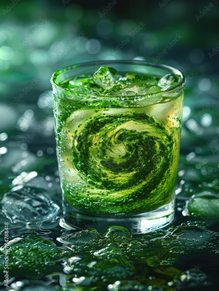 Moody image of spirulina powder swirling in a glass of water, minimalist style emphasizing the spiral pattern Moody image of spirulina powder swirling in a glass of water, minimalist style emphasizing the spiral pattern