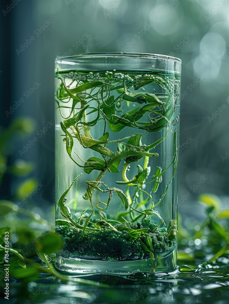 Moody image of spirulina powder swirling in a glass of water, minimalist style emphasizing the purity and health benefits of the superfood Moody image of spirulina powder swirling in a glass of water, minimalist style emphasizing the purity and health benefits of the superfood