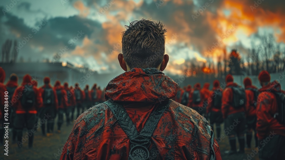 Fototapeta premium Rugby coach rallying the team before a big match, dramatic cloudy sky background