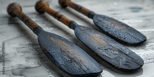 Moody image of rowing oars and seat on a white background, dramatic lighting photo