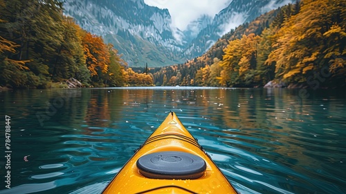 Paddle and kayak on a tranquil lake, serene reflections in the water