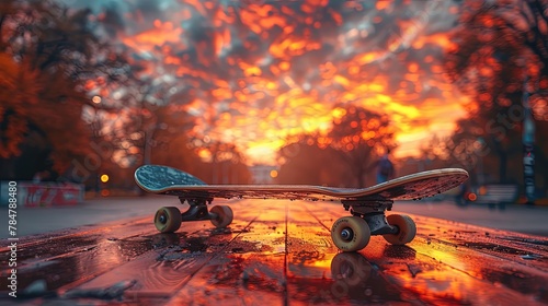Silhouette of a skateboarder performing a kickflip at sunset, dramatic lighting and warm colors photo