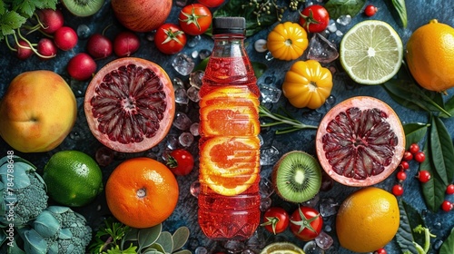 Sports water bottle surrounded by fruits and vegetables, healthy lifestyle concept and vibrant colors