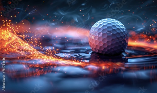 Stylized image of a golf ball soaring through the air, surrounded by light trails