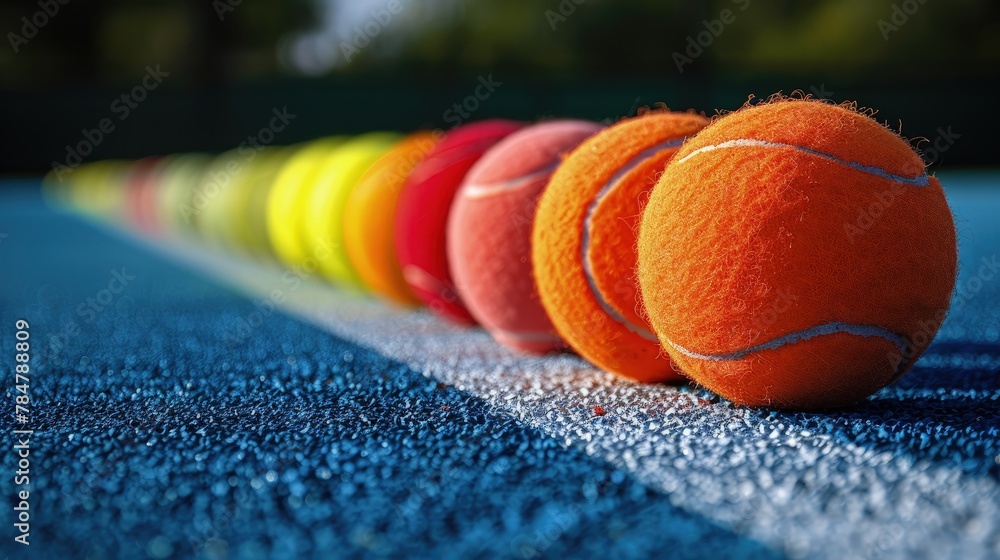 Tennis balls in a row on a court, bright colors and crisp shadows