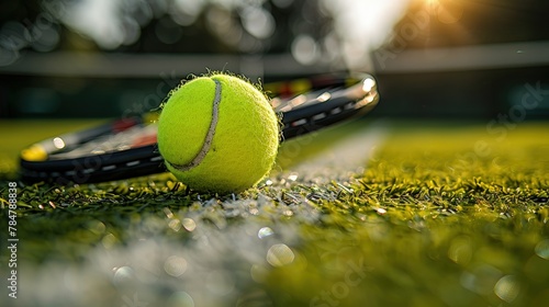 Tennis racket and ball on a grass court, shallow depth of field © Gefo