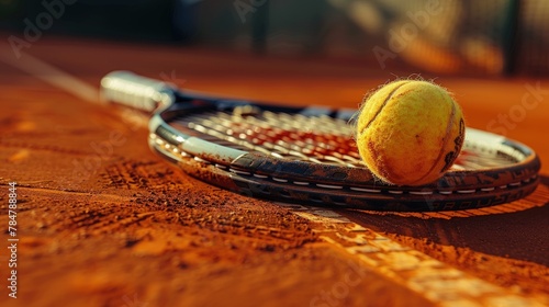 Tennis racket and ball on a clay court, classic and elegant sport © Gefo