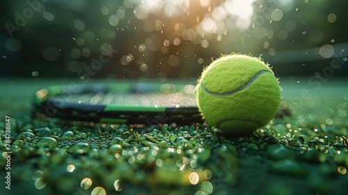 Tennis racket and ball on a vibrant green court, sun flare effect © Gefo