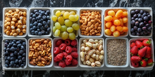 Top view of a variety of sports nutrition snacks arranged on a marble platter, elegant presentation