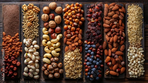 Top view of a wide assortment of nuts and seeds laid out on a rustic wooden table, natural lighting casting soft shadows