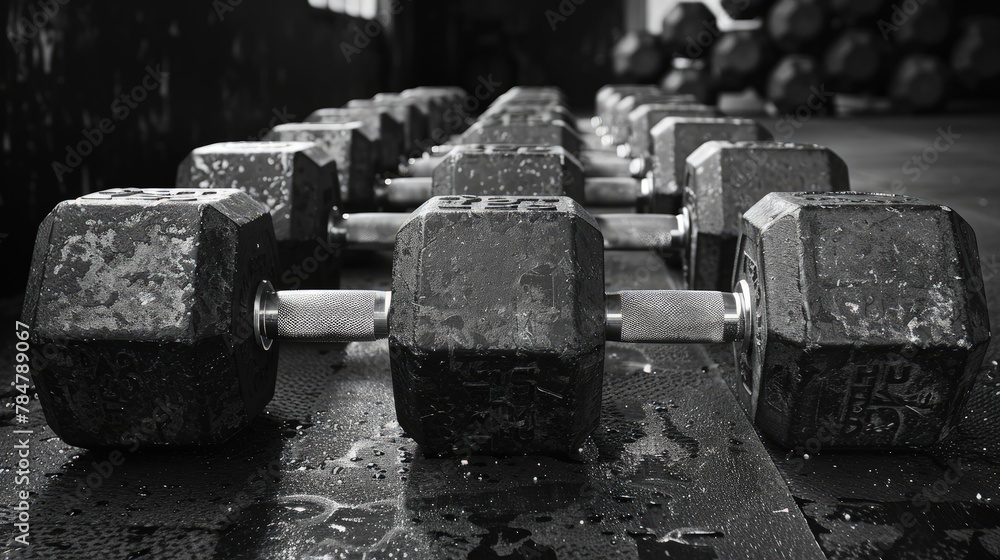 Workout weights arranged in a pattern on a gym floor, strong contrast Workout weights arranged in a pattern on a gym floor, strong contrast