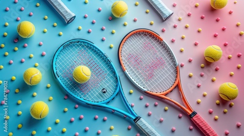 Vibrant photo of tennis rackets and balls on a white background, popping colors
