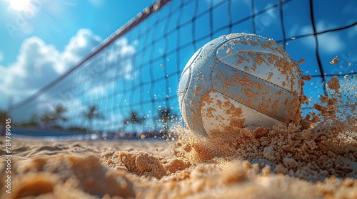 Volleyball spiked over the net in a cloud of sand, beach competition photo