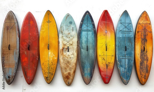 Whimsical shot of paddleboards on a white background, playful and colorful