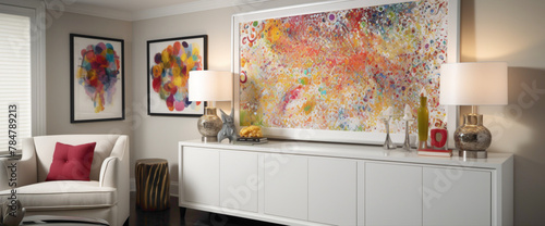 Discover a room adorned with a vibrant illustration framed in white, with a mosc of colorful splashes adorning the walls. The radiant display creates a captivating mosc of color, f photo