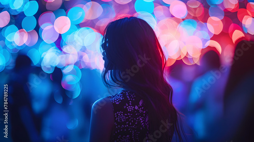 Close up photo of many party people dancing in a nightclub with blue lights everywhere, perfect for birthday celebrations, Valentine's Day, or International Women's Day events.