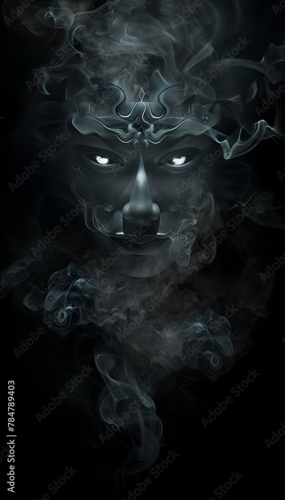 Mysterious smoke ghost face emerges in dark, eerie atmosphere, portrait shot. Mysterious smoke ghost face emerges in dark, eerie atmosphere, portrait shot.