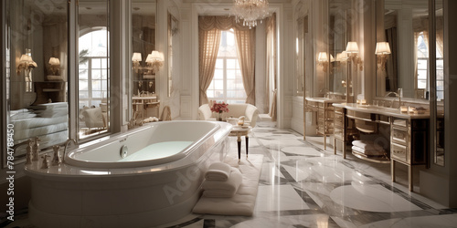 A luxurious bathroom in a modern apartment  featuring a freestanding bathtub next to a large window offering views of a tranquil garden setting.