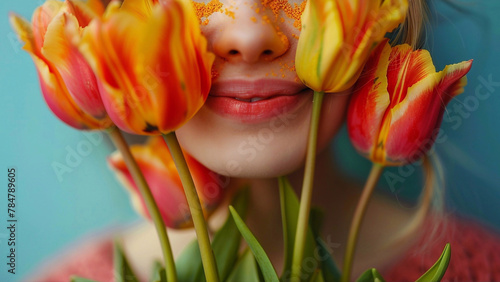 A portrait of a woman enjoying the bouquet of tulips with yellow pollen on her face. Bright summer colors.