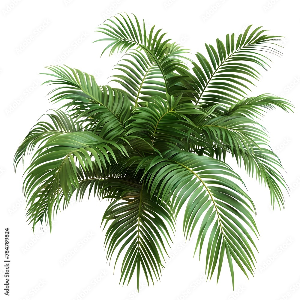 3D rendering of a realistic palm leaves shrub in the corner of the image, showcasing the intricate details of each leaf.