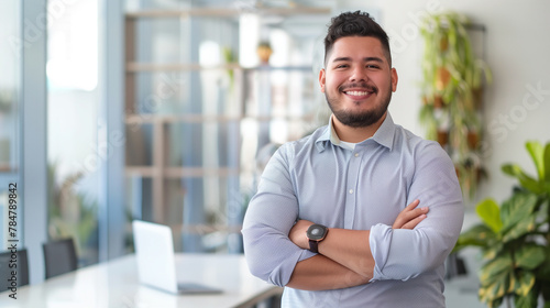 copy space, best job candidate hispanic male, age around 25-30, indoor business office related background. Business concept. Young hispanic man looking for a job.