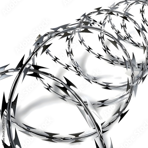 An isolated, transparent image of coils of razor wire, typically used in detainment camps, prisons, and borders, presented as a detailed and realistic graphic resource. photo