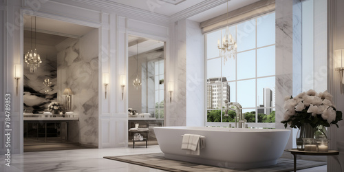 A luxurious bathroom in a modern apartment  featuring a freestanding bathtub next to a large window offering views of a tranquil garden setting.