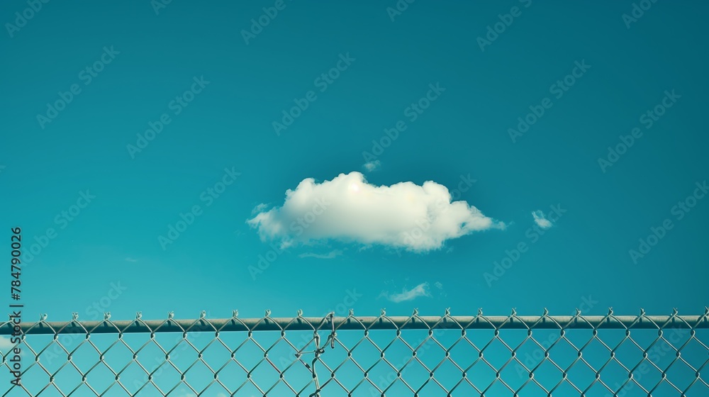 Сlouds in the blue sky behind an open chain link fence. Background. Generated by artificial intelligence.