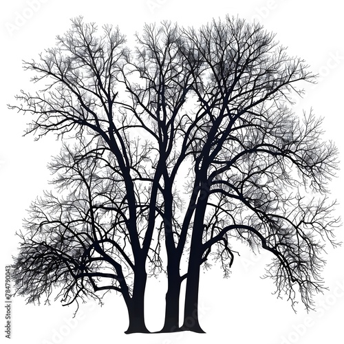 Striking illustration of large  leafless hardwood trees silhouetted against a white background.