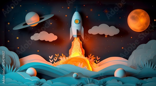 Fototapeta Naklejka Na Ścianę i Meble -  Dreamy space journey illustration with a friendly rocket, ideal for creative wallpapers and educational materials