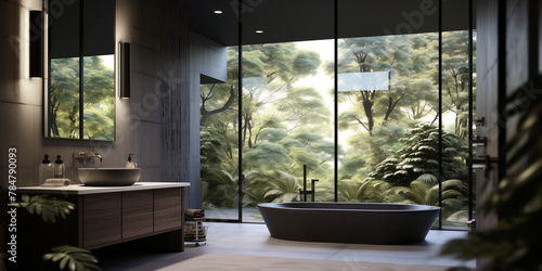 A luxurious bathroom in a modern apartment, featuring a freestanding bathtub next to a large window offering views of a tranquil garden setting.