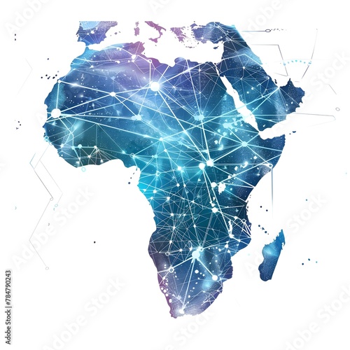 A digital map of Africa, overlaid with a conceptual representation of a global network and connectivity. The image features elements of high-speed data transfer and cyber technology, symbolizing busin