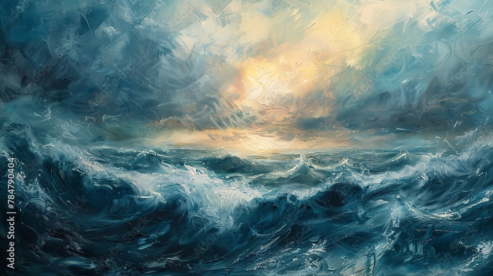 Oil paint, stormy seas, tumultuous blues and whites, sunset, wide lens, churning waves. 