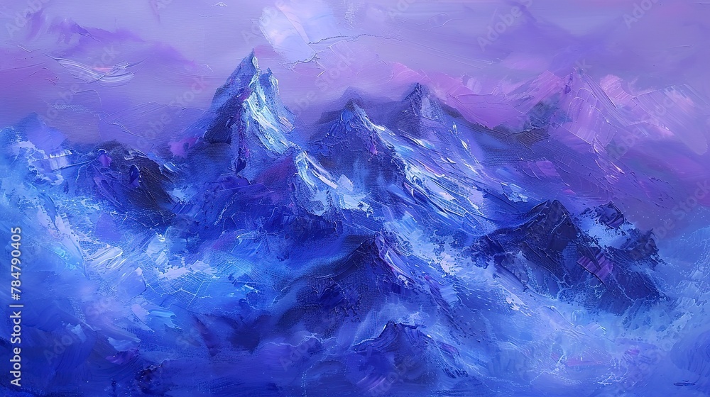 Fototapeta premium Abstract, mountain majesty, cool purples and blues, dawn, close focus, rugged peak mystery. 