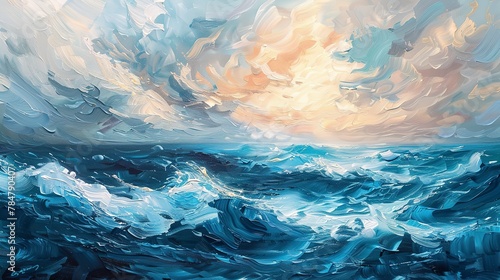 Oil paint, stormy seas, tumultuous blues and whites, sunset, wide lens, churning waves. 