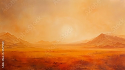 Oil painting, desert mirage, vibrant oranges and reds, midday, wide lens, heat haze effect. 