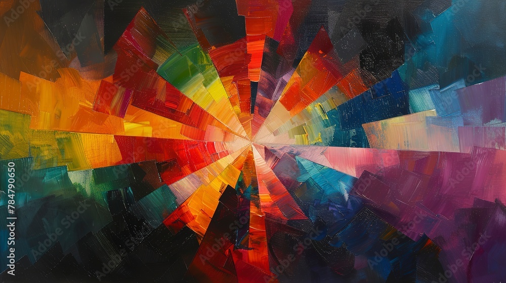 Oil painting, prism burst, bold colors against black, twilight, panoramic, radiant diffusion. 