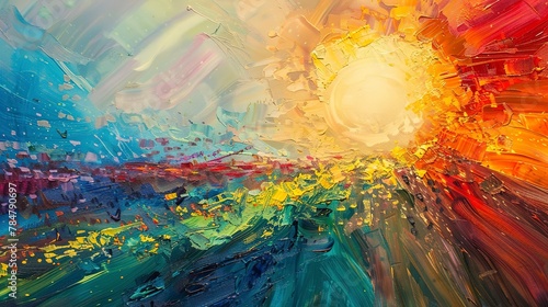 Oil paint, bursting rainbow, vivid spectrum, dawn light, wide angle, dynamic spread. 