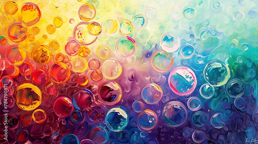 Oil painting Abstract, bubble surface, iridescent colors, direct sunlight, panoramic, bubbly texture.  - obrazy, fototapety, plakaty 