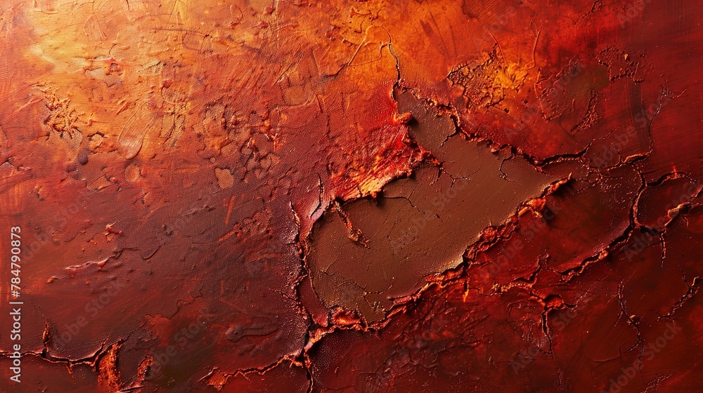 Oil painting Abstract, metallic rust, deep reds and oranges, soft light, close focus, corroded texture. 