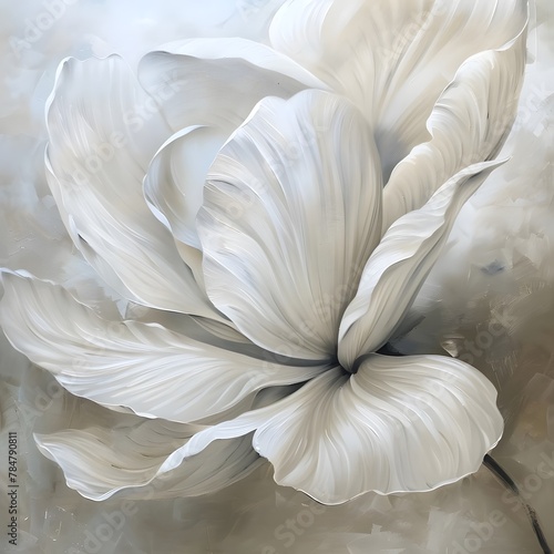 Oil painting of a white flower with large petals  set against a beige background.