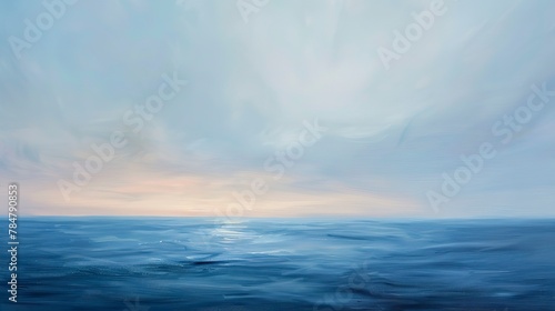 Oil paint, soft gradient sky, pale blues, dawn light, wide angle, serene simplicity.  © Thanthara