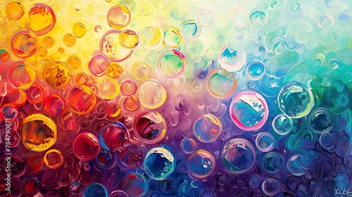 Oil painting Abstract, bubble surface, iridescent colors, direct sunlight, panoramic, bubbly texture.  photo