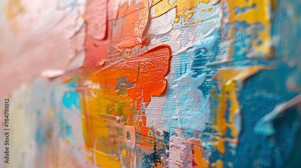 Abstract oil painting, layered canvas, vibrant color blocks, golden hour, close-up, tactile depth. 