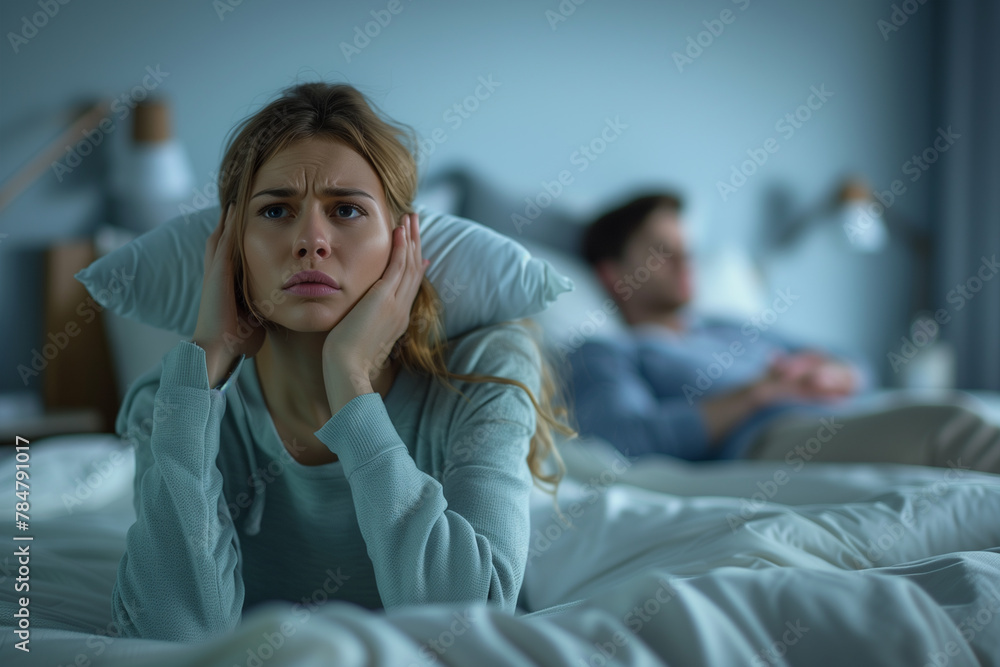 Obraz premium Woman Experiencing Insomnia in Bedroom at Night