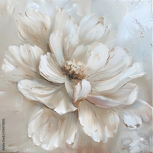 Oil painting of a white flower with large petals, set against a beige background, emphasizing the delicate beauty of the flower.