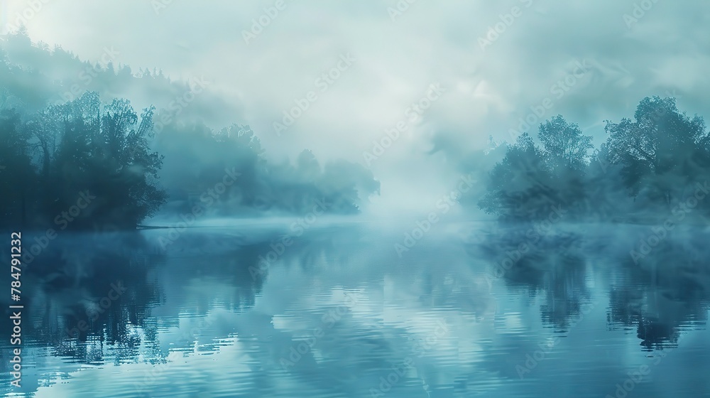 Calm lake oil paint effect, cool blues, misty morning, aerial view, soft focus. 