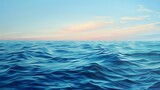 Calm ocean abstract, oil paint, soothing blues, twilight, panoramic view.