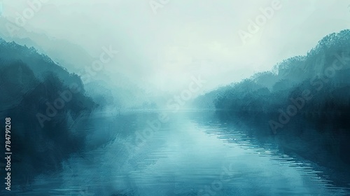 Calm lake oil paint effect, cool blues, misty morning, aerial view, soft focus.  photo